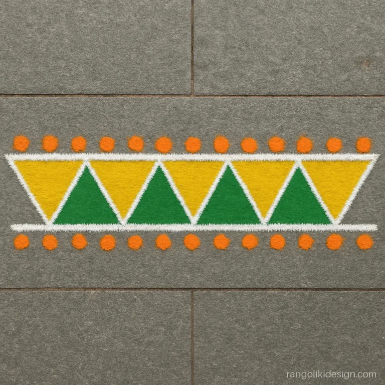 Easy simple border rangoli design of yellow and green triangles in a chain