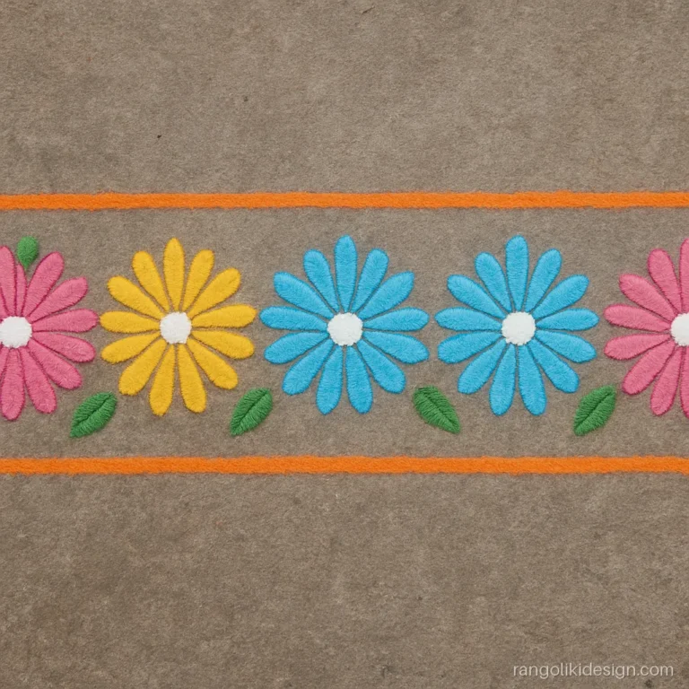 Border rangoli design with colours: a row of pink, yellow and blue daisies