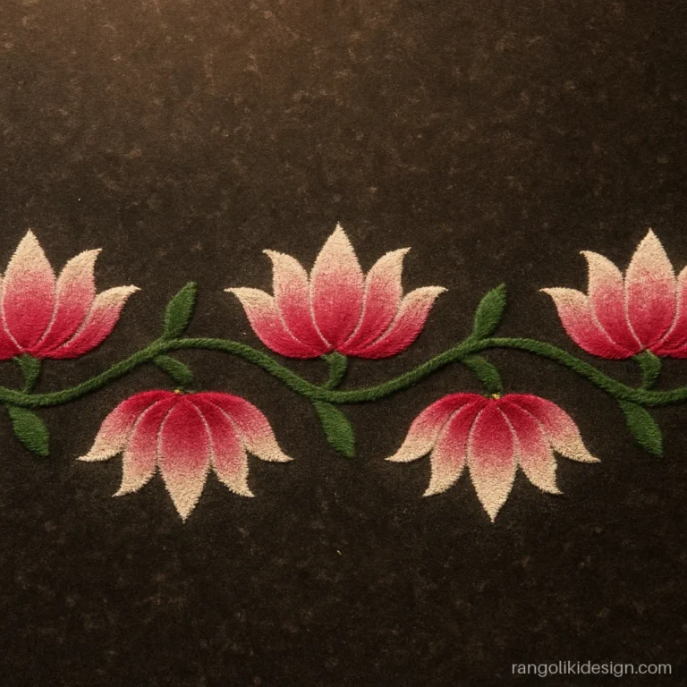 Border rangoli design with pink lotus flowers joined by a green stem line