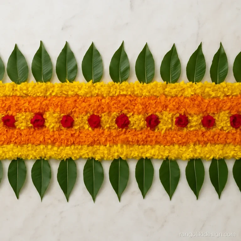 Flower rangoli border design made with real marigold petals and mango leaves