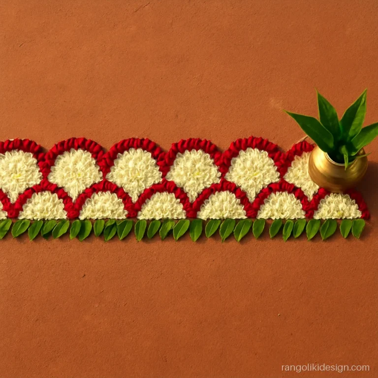 Rose petal flower border rangoli with a scalloped edge for a wedding entrance