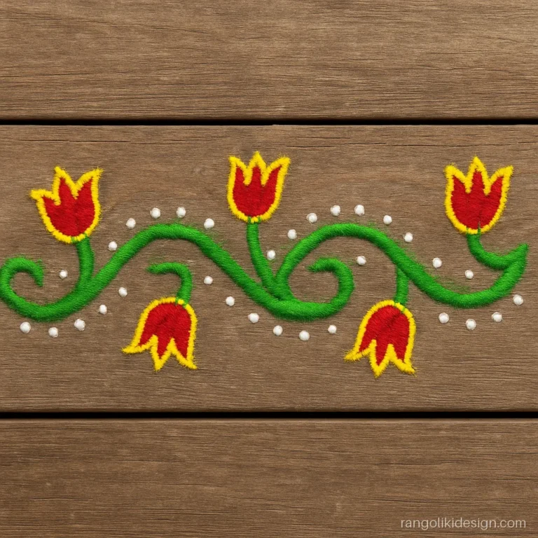 Simple rangoli border designs for home with red tulips on a curling vine