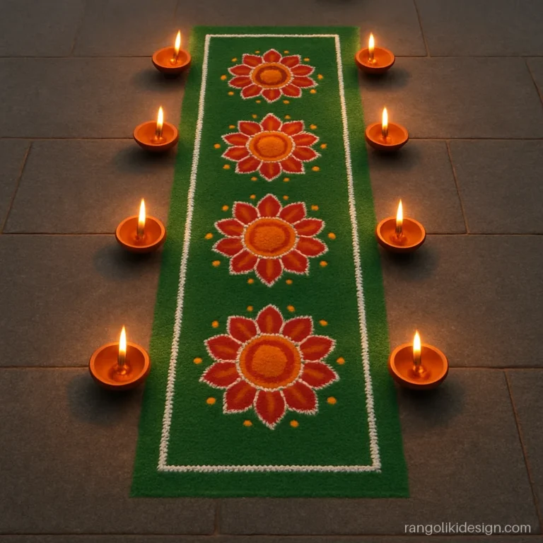 Long rangoli design strip with small mandalas for a corridor on Diwali