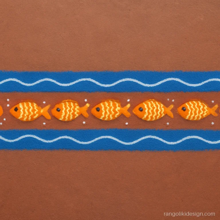 Long border rangoli with orange fish swimming between blue wave lines