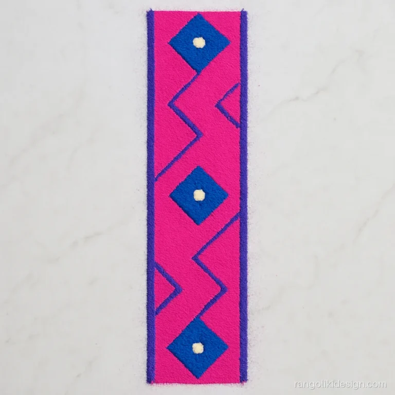 New border rangoli design with blue diamonds inside a pink zigzag line