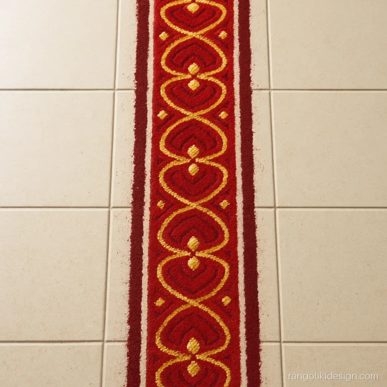 Oil paint rangoli border design along a tiled home entrance in red and gold