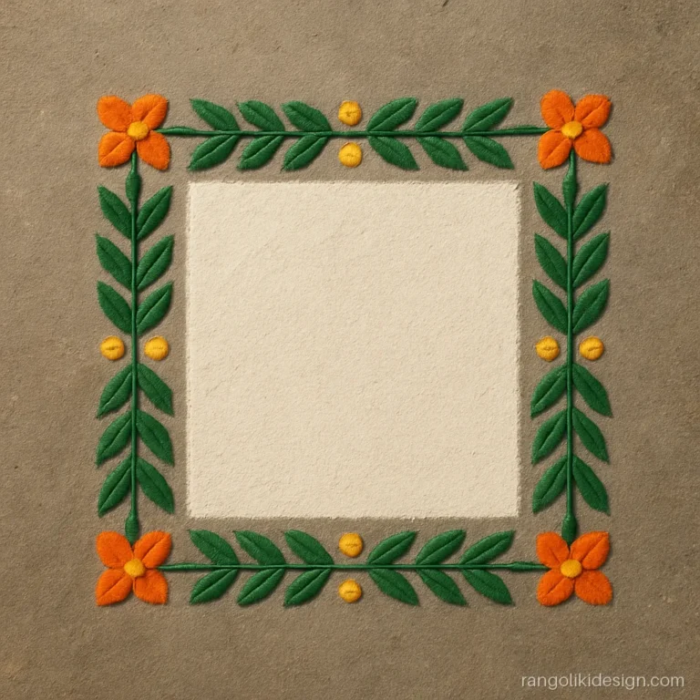 Painted rangoli border around a tulsi platform with green leaves and yellow dots
