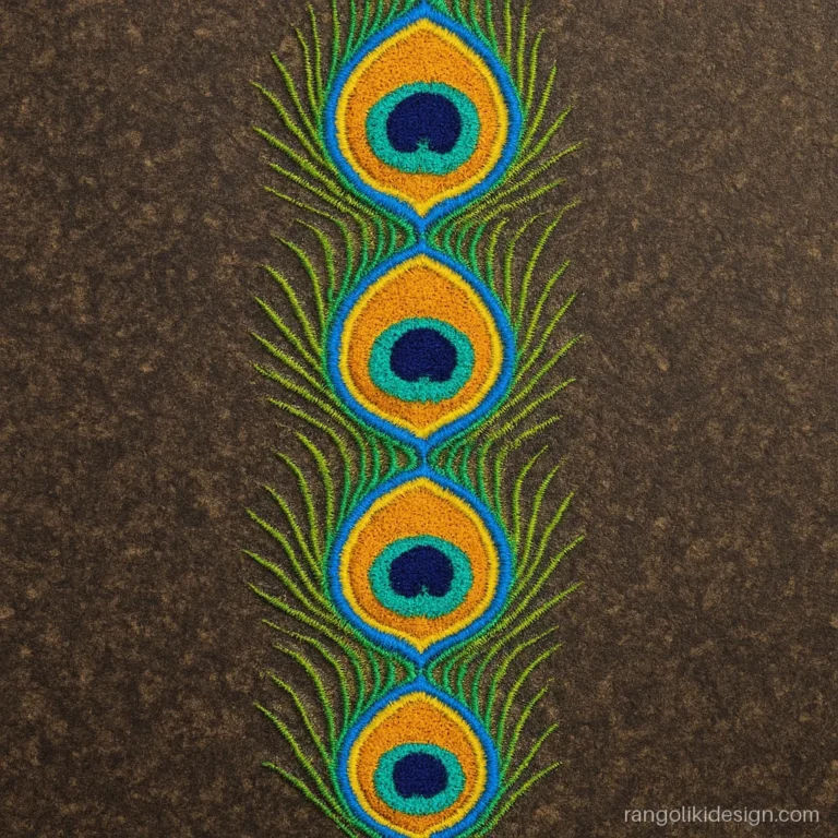 Rangoli side design with peacock feathers placed one above the other