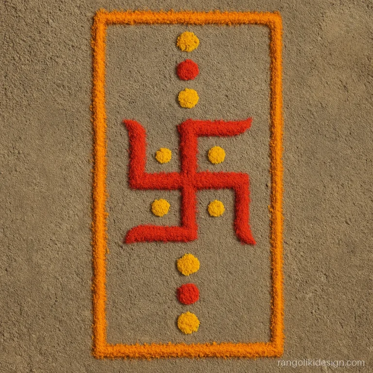 Side rangoli designs with a red swastik and haldi kumkum dots for a pooja room