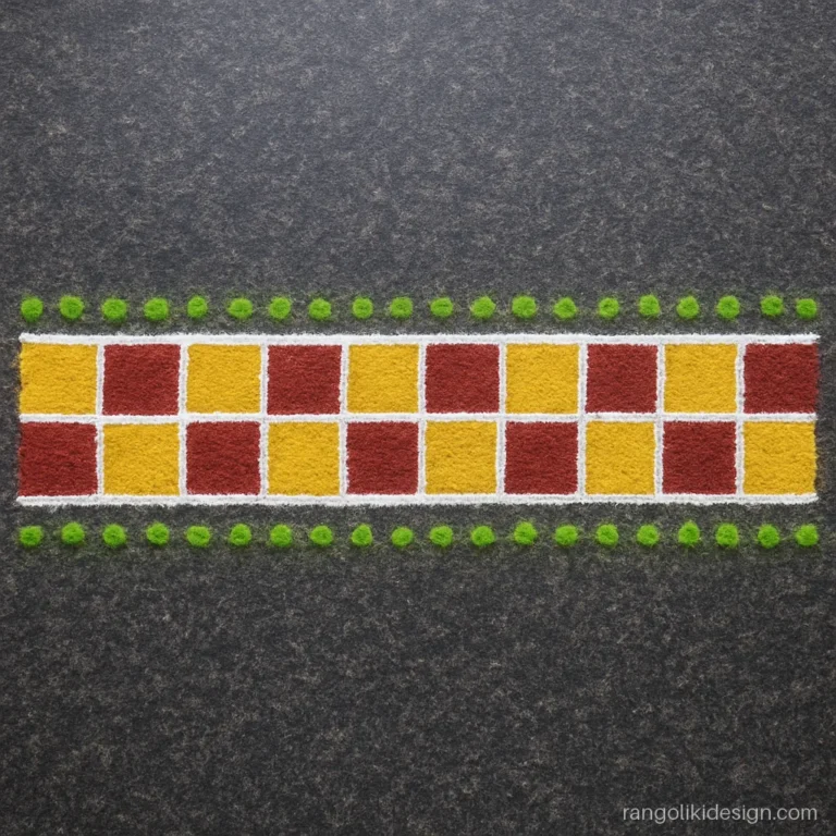 Simple border rangoli design with red and yellow checker squares for home