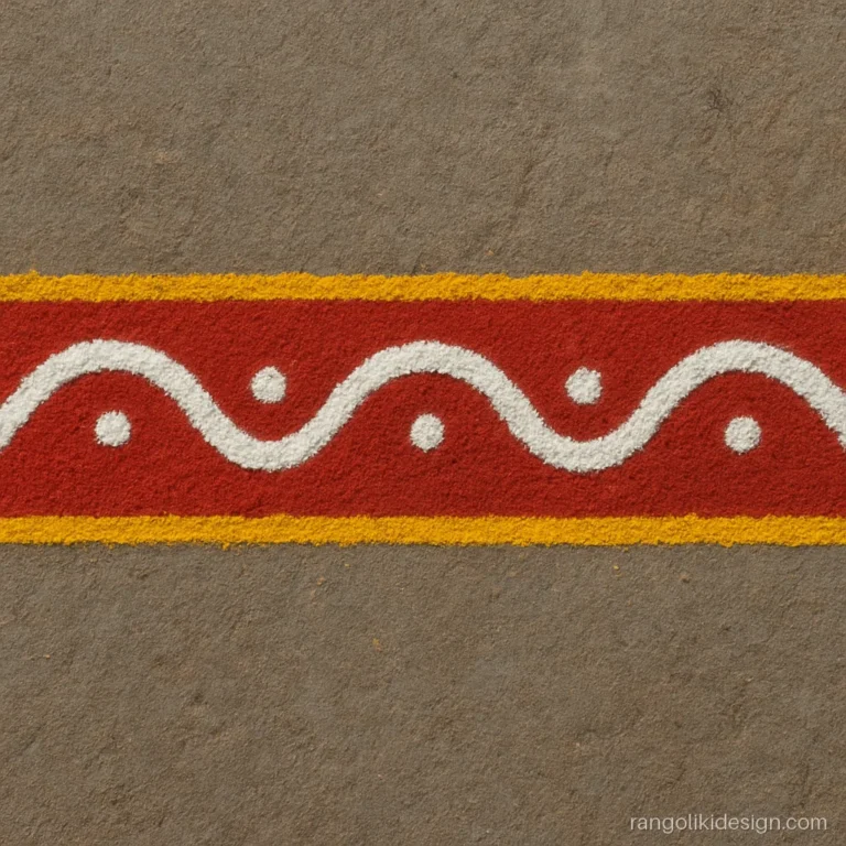 Simple border rangoli design with a red and white wave line along a doorstep