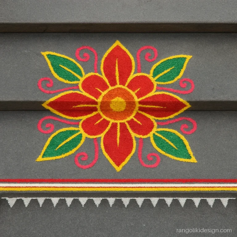 Simple straight line rangoli designs on stone steps in red, white and yellow