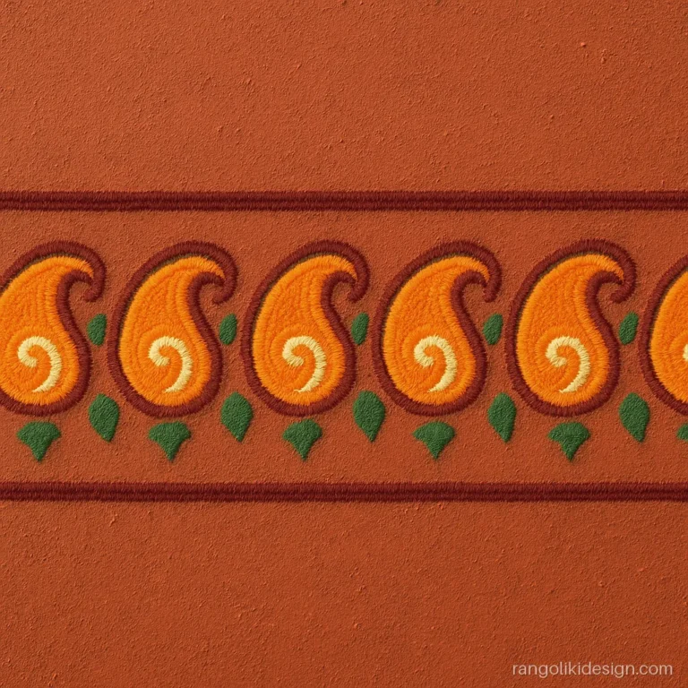 Simple border unique rangoli design with orange paisley motifs in a single row