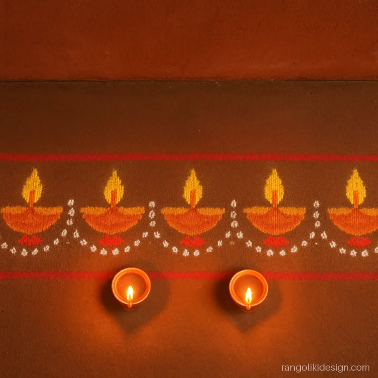 Wall side rangoli design for Diwali with a row of painted diyas and real lamps