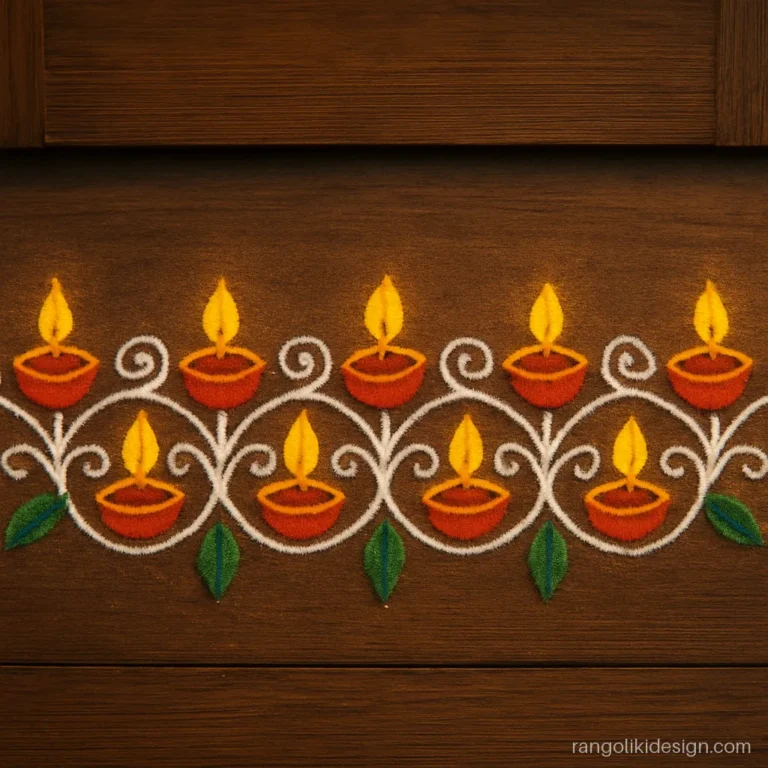 Rangoli designs for Choti Diwali with a chain of diyas along the threshold