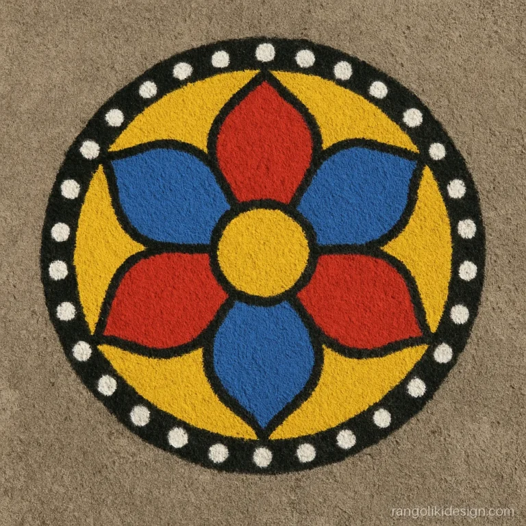 Colour rangoli design with bright red, yellow and blue fills and black outlines