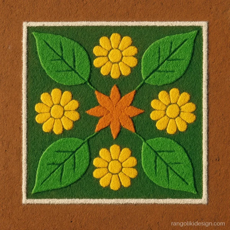 Multi colour rangoli design of green leaves, yellow flowers and an orange star