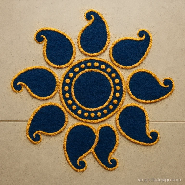 Rangoli in navy blue and gold with eight paisleys in a mandala