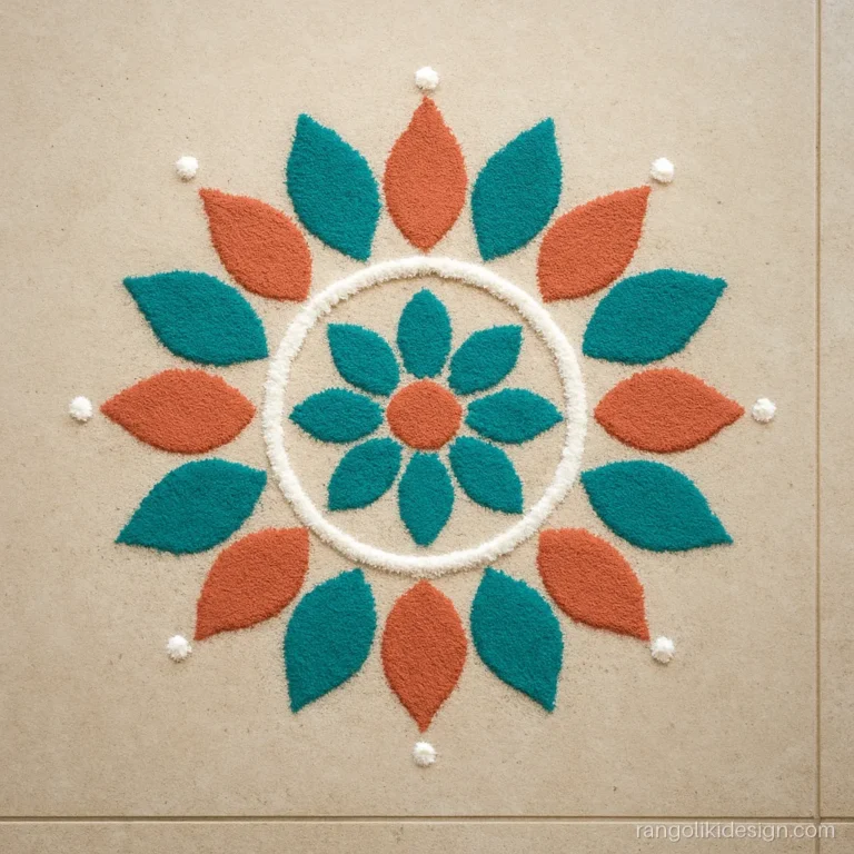 Unique rangoli designs with colours of teal and coral petals