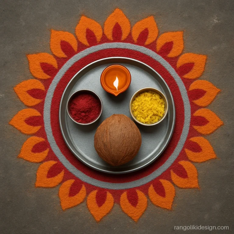Bhai Dooj rangoli design with colours of a pooja thali with a diya