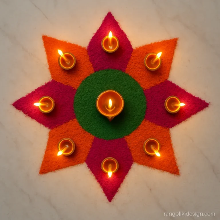 Choti Diwali rangoli with magenta and orange star points holding small diyas