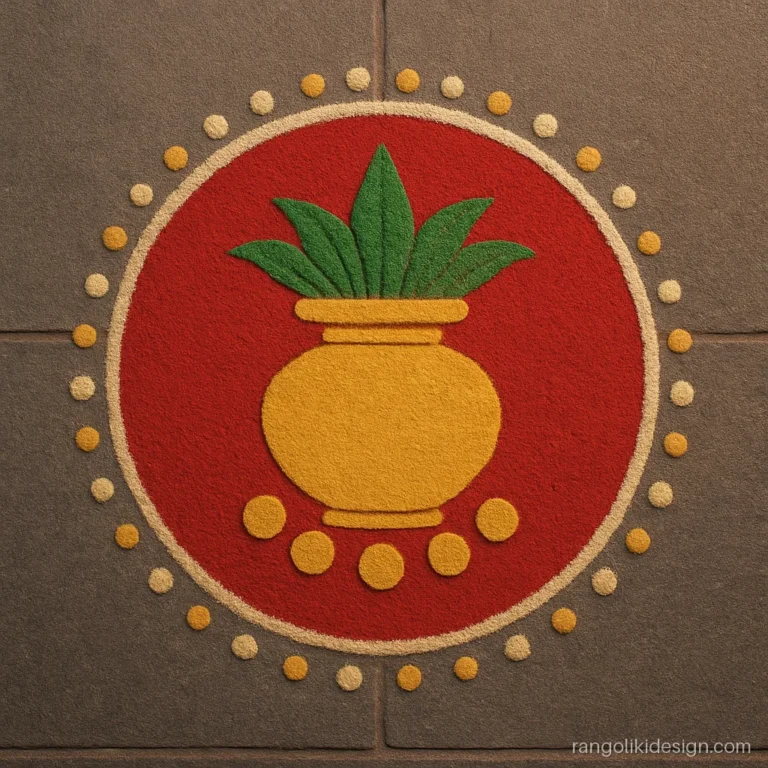 Dhanteras rangoli with colours: a gold kalash and coins on a red circle