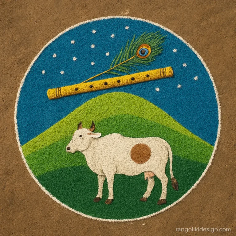 Govardhan Puja rangoli with colours of a green hill, a cow and a flute