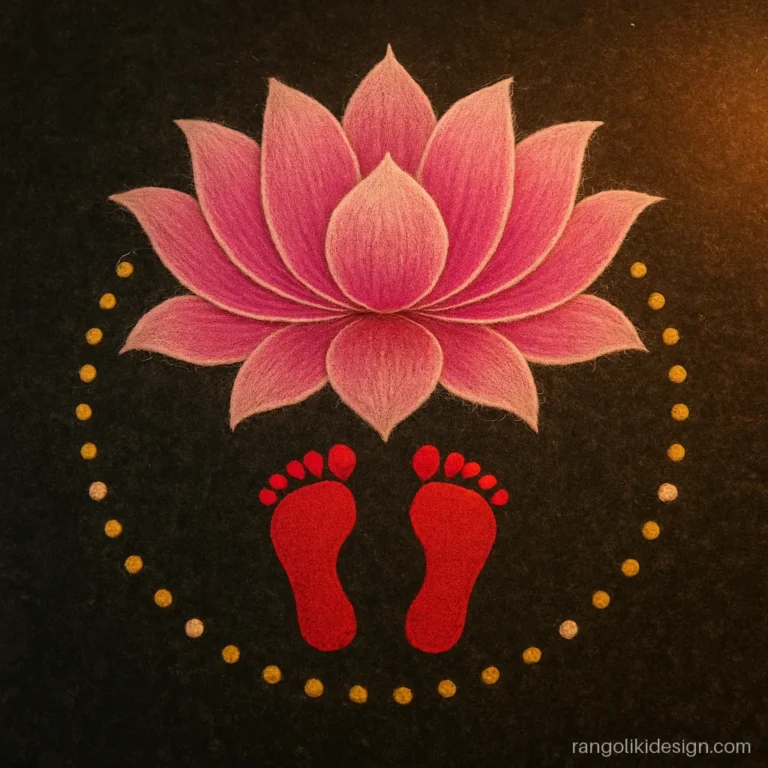 Beautiful rangoli design with colours for Laxmi Pujan with a lotus and footprints