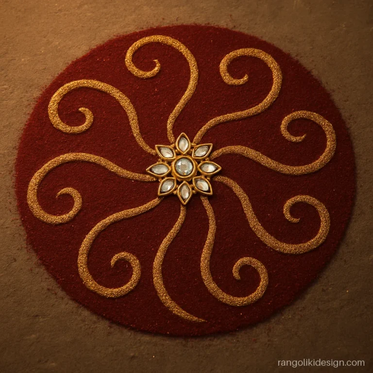 Gold glitter rangoli design with pinwheel swirls on a maroon circle