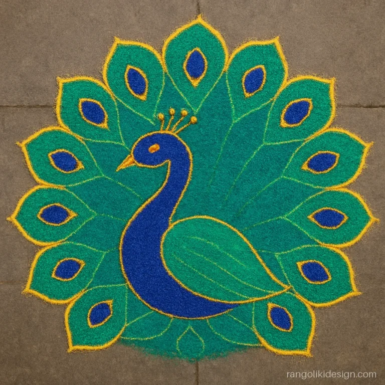Glitter rangoli with a blue peacock and sparkly green feather eyes