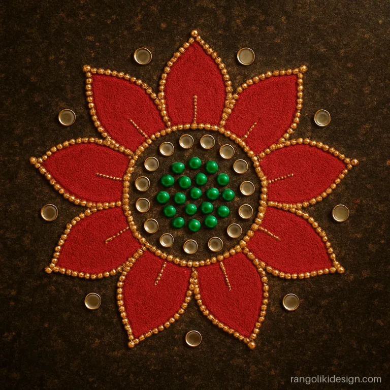 Kundan rangoli design with a red lotus edged in gold kundan stones