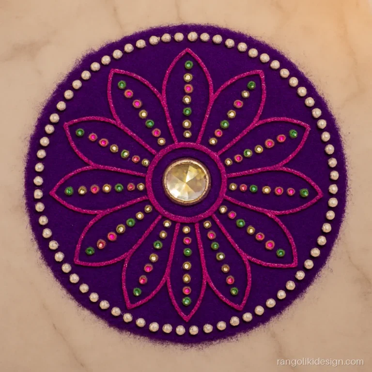 Kundan rangoli mandala with pink, white and green stones on a purple base
