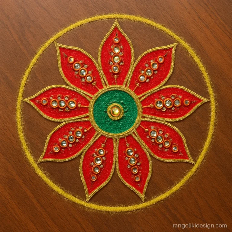 Ready kundan rangoli pieces arranged as a flower on a thin yellow powder circle