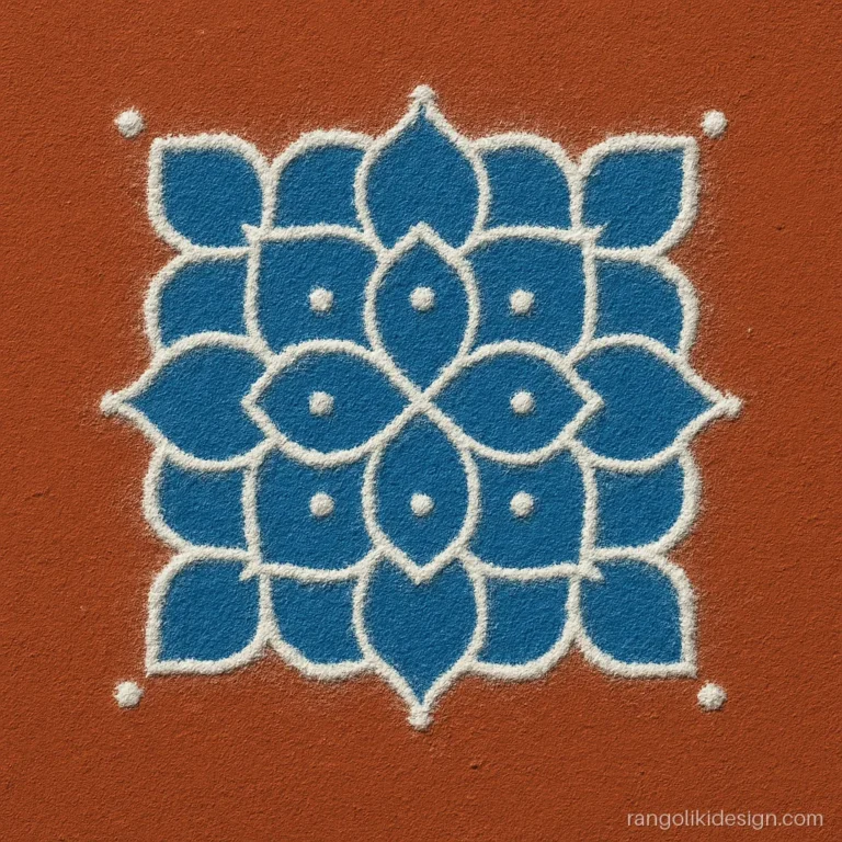 Simple 2 colour rangoli design in blue and white on a 6 by 6 dot grid