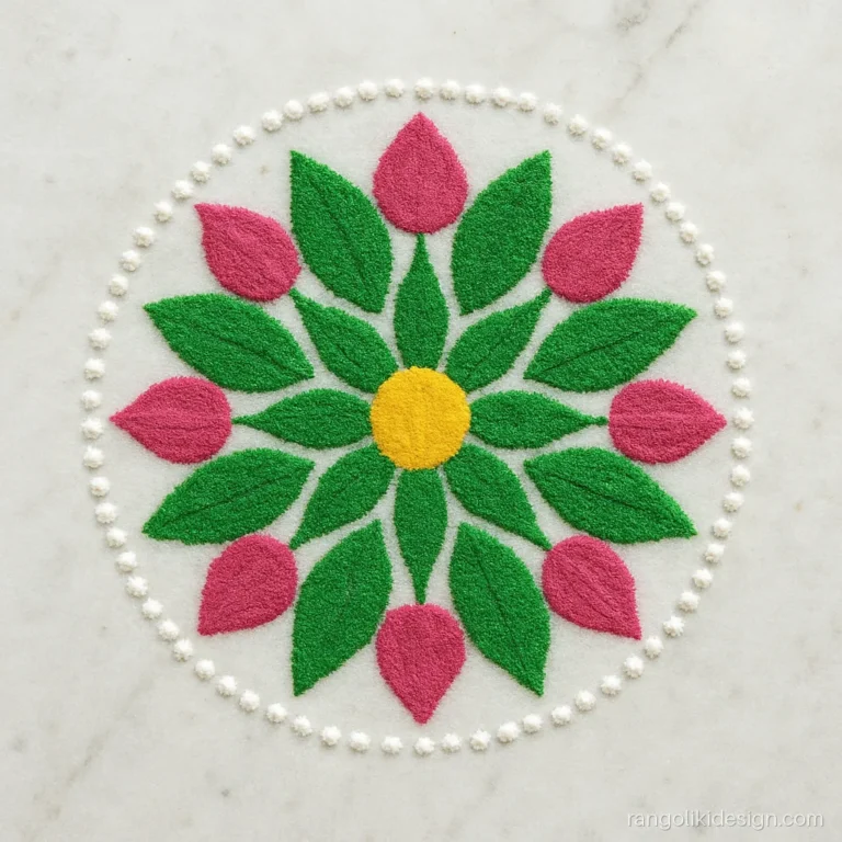 Easy simple rangoli designs with colours: pink buds and green leaves in a ring
