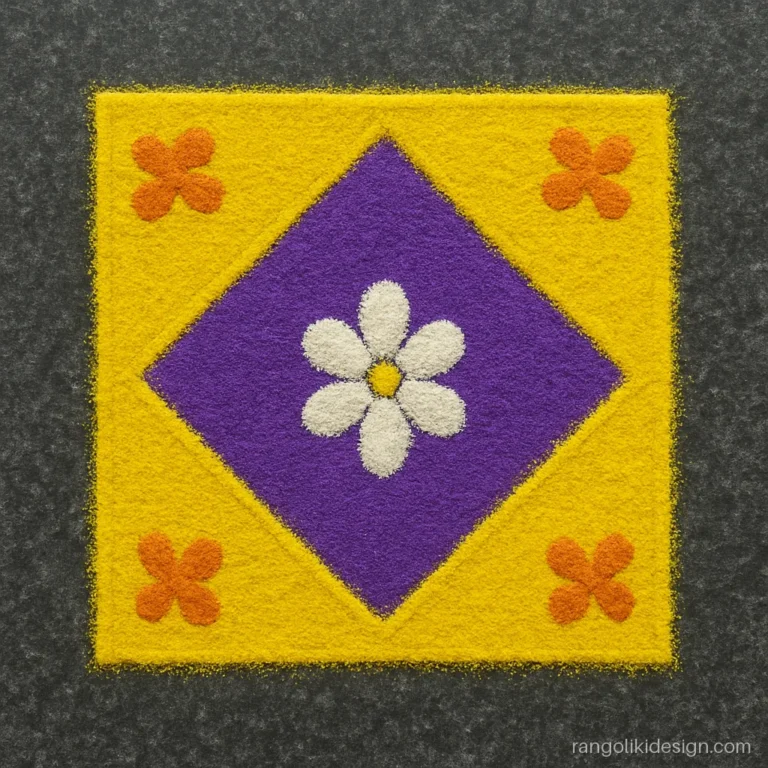 Simple rangoli design for home with a purple diamond inside a yellow square