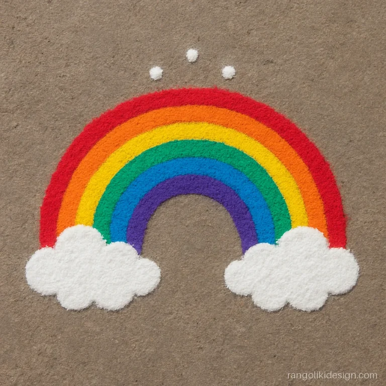 Simple rangoli with colours: a small rainbow half circle and white clouds