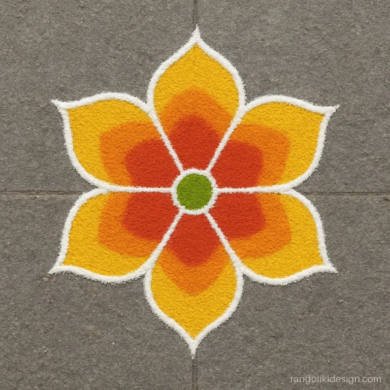 Simple rangoli design with colours: a six-petal flower in red, orange and yellow