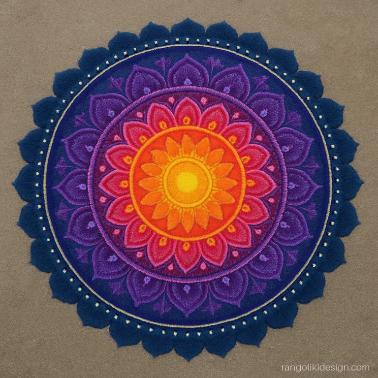 Competition beautiful big rangoli designs with a sunrise mandala in warm colours