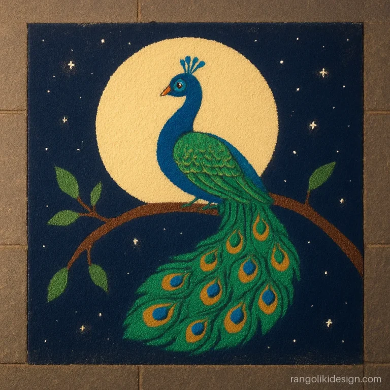Competition big peacock rangoli design on a branch under a full moon