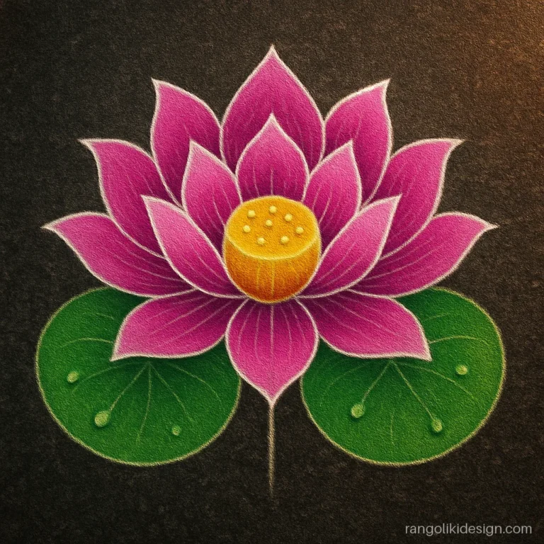 Difficult lotus rangoli design for Diwali with three layers of shaded petals