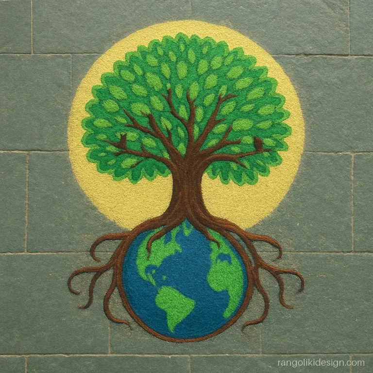 Environmental rangoli design with a large tree whose roots hold the earth