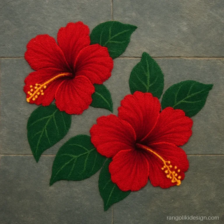Free hand rangoli designs for competition with two red hibiscus flowers
