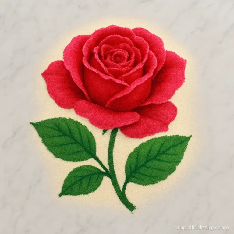 Attractive rose rangoli designs for competition with shaded red petals and leaves