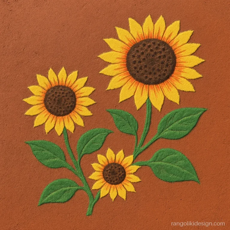 Flower rangoli designs for competition with three sunflowers and green leaves