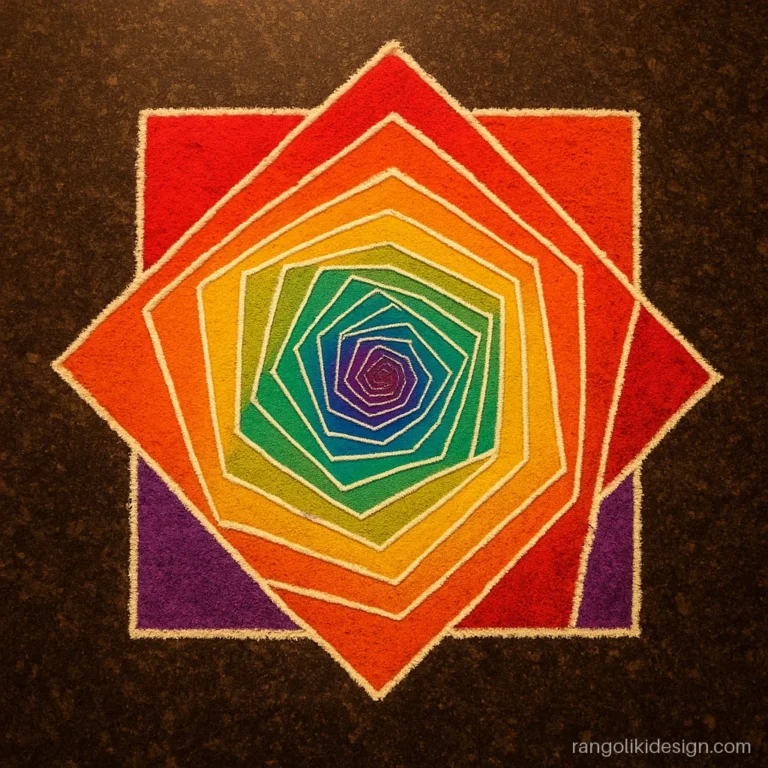Unique geometric rangoli with rotating rainbow squares forming a spiral