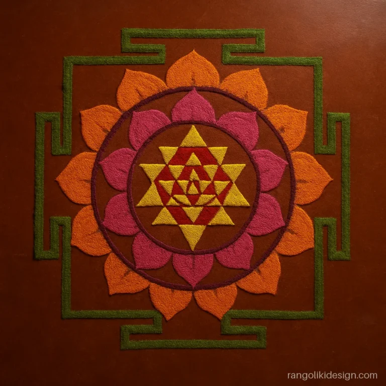 Geometric rangoli design with nested triangles and lotus petal rings