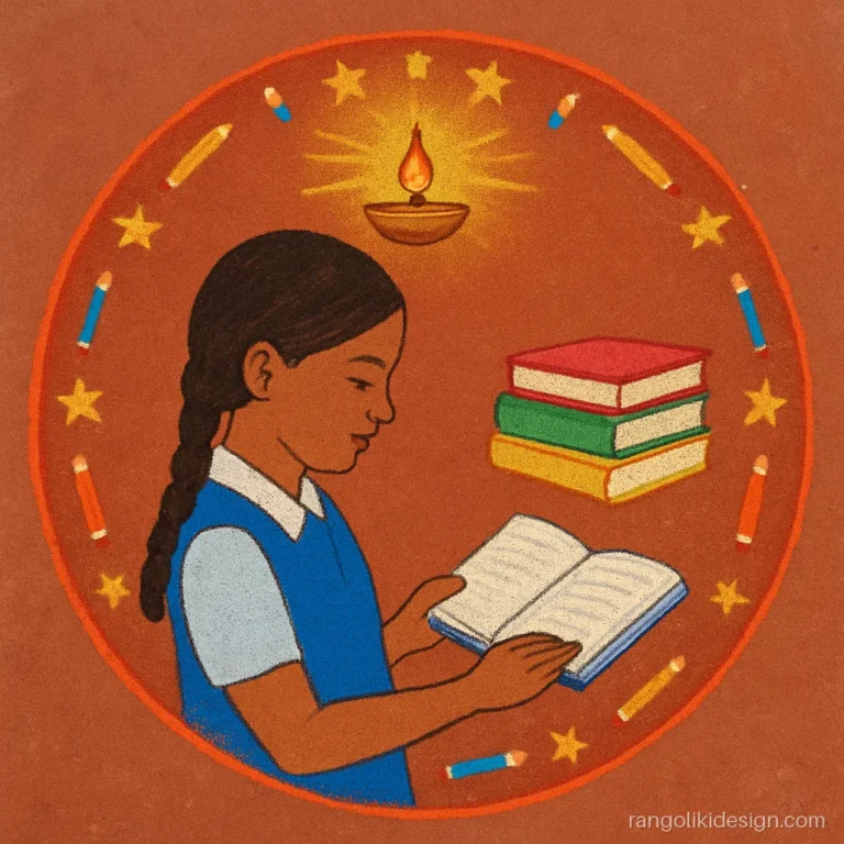 Rangoli designs for competition with message on girl education, books and a lamp
