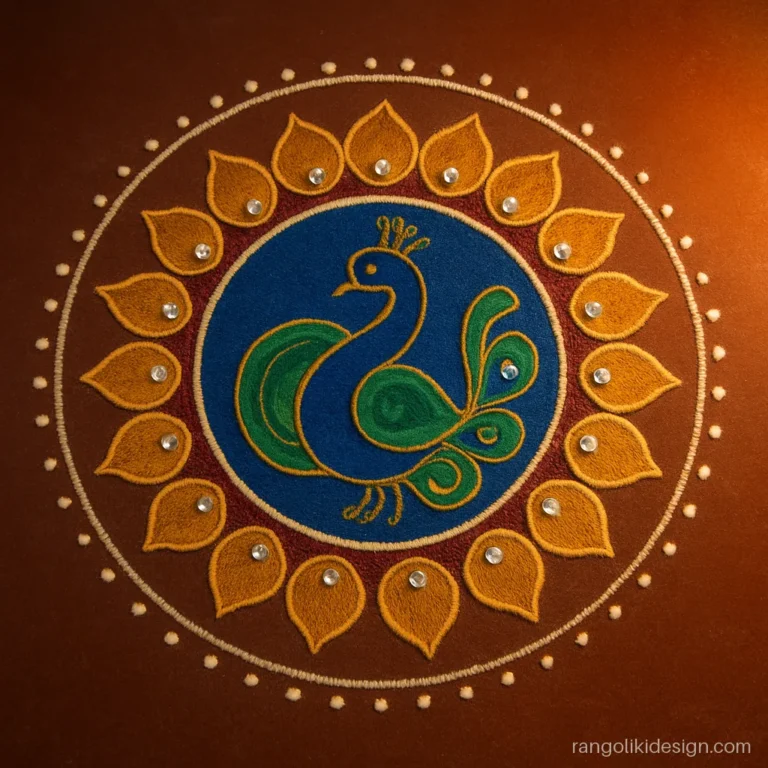 Competition unique rangoli designs with a peacock inside a kundan studded mandala