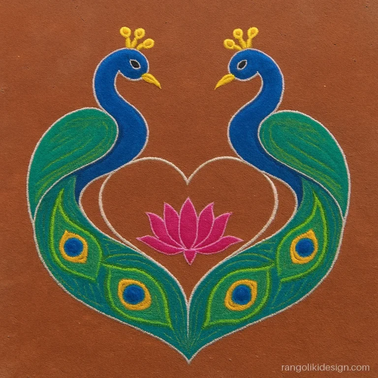 Beautiful peacock rangoli designs for competition, two peacocks with tails forming a heart